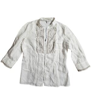 David Brooks Linen Embroidered Zip Front Blouse Top M Elevated Basic Boho Chic